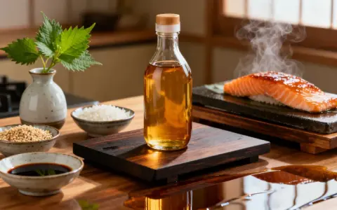 Butelka z płynnym złotem, czyli mirin, stoi obok składników do sushi. To klucz do smaku!