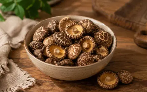 Miseczka pełna suszonych grzybów shiitake, gotowych do dodania smaku potrawom.