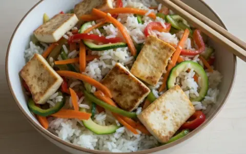 Miseczka ryżu z warzywami i tofu, obok pałeczki do sushi. Idealne danie, by nauczyć się, jak trzymać pałeczki do sushi.