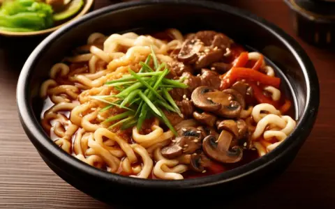 Miseczka pełna grubego makaronu udon w sosie teriyaki z kawałkami wołowiny, pieczarkami i szczypiorkiem.