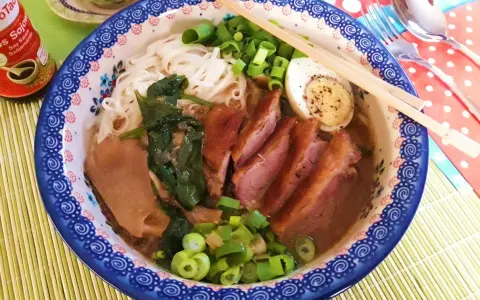 Pyszny ramen z kaczki z makaronem, jajkiem, szpinakiem i szczypiorkiem.