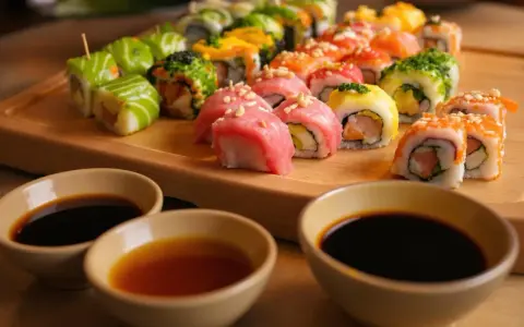 Kolorowe rolki sushi na desce, gotowe do zanurzenia w aromatycznych sosach.