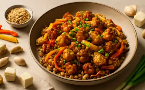 Miseczka z daniem z kuleczek w sosie, warzywami i kaszą. Czy tofu ma gluten? Nie, czyste tofu jest bezglutenowe.