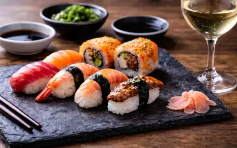 Wyśmienite japońskie picie i sushi: nigiri z łososiem, krewetką, tuńczykiem i węgorzem, rolki z ikrą, sos sojowy, wasabi i marynowany imbir.