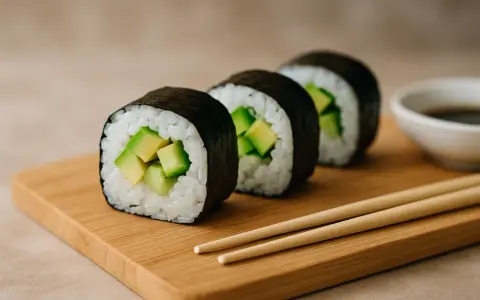 Linia świeżego sushi z awokado na drewnianej desce, obok sosu sojowego i pałeczek.