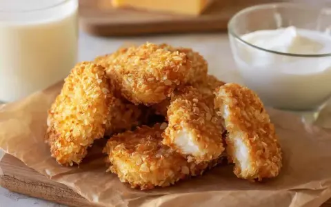 Chrupiące nuggetsy w panko z piekarnika, idealne do maczania w sosie. Obok szklanka mleka i miseczka jogurtu.