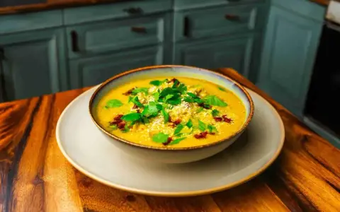 Aksamitne tom kha z kurczakiem, posypane sezamem i świeżą kolendrą, czeka na talerzu.