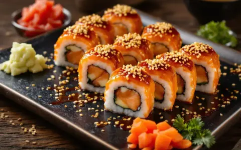 Futomaki z pieczonym łososiem, polane sosem teriyaki i posypane sezamem, prezentują się apetycznie na czarnej desce.
