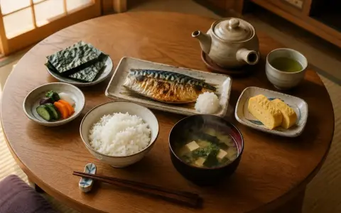 Japońskie śniadanie: ryż, grillowana makrela, zupa miso, tamagoyaki, nori i marynowane warzywa. Smaki Azji na talerzu.