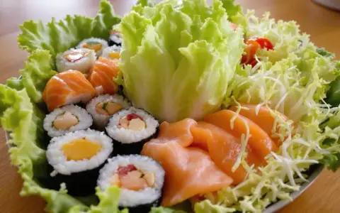 Talerz sushi z łososiem i warzywami. Jaka sałata do sushi? Ta chrupiąca, zielona sałata lodowa stanowi idealną bazę.