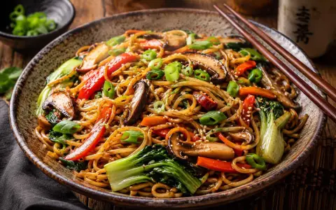 Makarony azjatyckie rodzaje: pyszne danie z makaronem, grzybami shiitake, papryką, bok choy i szczypiorkiem, posypane sezamem.