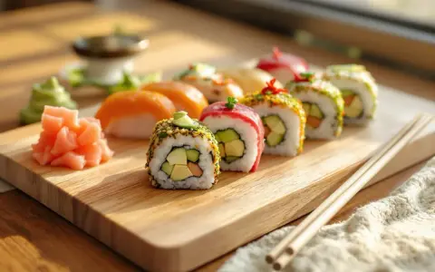 Kolorowe rolki sushi z awokado i łososiem, podane z imbirem i wasabi. Idealne nadzienie do sushi na drewnianej desce.