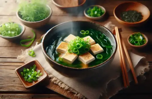 Parująca miska z aromatycznym miso tofu, zielonymi wodorostami i szczypiorkiem, gotowa do spożycia.