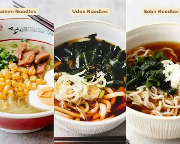Trzy miski z japońskim makaronem: ramen z jajkiem i kukurydzą, udon z wodorostami wakame i cebulką, soba z wodorostami i szczypiorkiem.