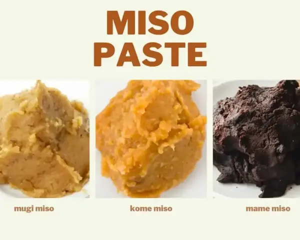 Trzy rodzaje pasty miso: mugi, kome i mame, różniące się kolorem i teksturą.