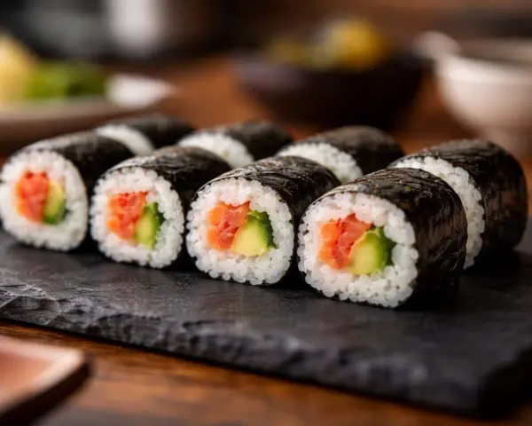 Roladki sushi z łososiem i awokado, idealne do domowych nori przepisów.