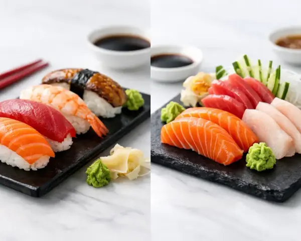 Dwa talerze z różnorodnym sushi i sashimi: łosoś, tuńczyk, krewetka, węgorz, biała ryba. Podane z wasabi i imbirem.