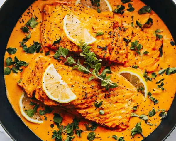 Aksamitny curry z łososiem w pomarańczowym sosie, udekorowane plasterkami cytryny i świeżymi ziołami.