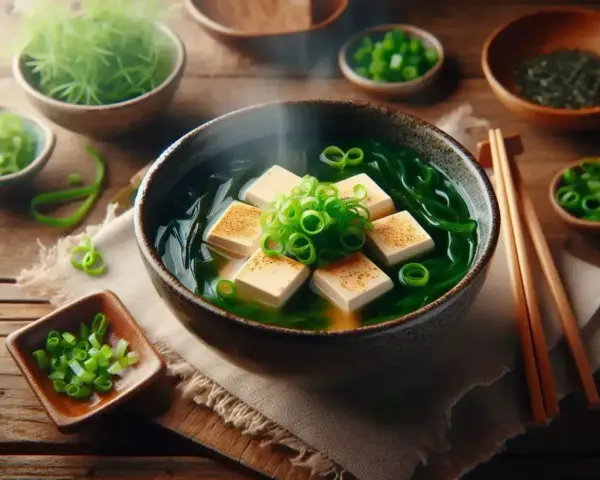 Parująca miska z aromatycznym miso tofu, zielonymi wodorostami i szczypiorkiem, gotowa do spożycia.