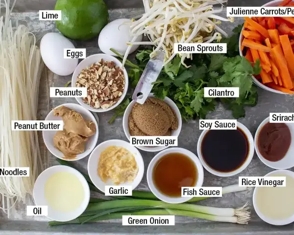 Składniki do sosu pad thai: makaron ryżowy, jajka, orzeszki ziemne, masło orzechowe, fasolka mung, marchewka, papryka, kolendra, sos sojowy, cukier brązowy, czosnek, olej, zielona cebulka, sos rybny, ocet ryżowy, sriracha.
