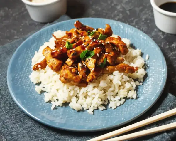 Pyszny kurczak po japońsku w sosie teriyaki, podany na ryżu z sezamem i szczypiorkiem. Idealny posiłek dla miłośników azjatyckich smaków.