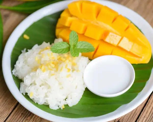 Pyszny mango sticky rice: ryż kleisty z kawałkami mango, polany mleczkiem kokosowym, udekorowany miętą.