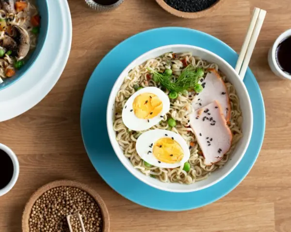 Pyszny tantanmen ramen z jajkiem, plastrami mięsa i zielonym groszkiem. Idealny na szybki, sycący posiłek.