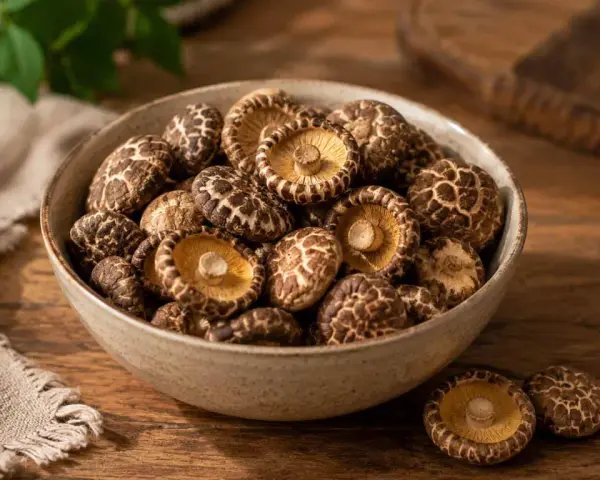 Miseczka pełna suszonych grzybów shiitake, gotowych do dodania smaku potrawom.