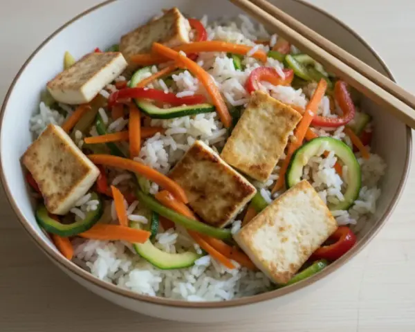 Miseczka ryżu z warzywami i tofu, obok pałeczki do sushi. Idealne danie, by nauczyć się, jak trzymać pałeczki do sushi.