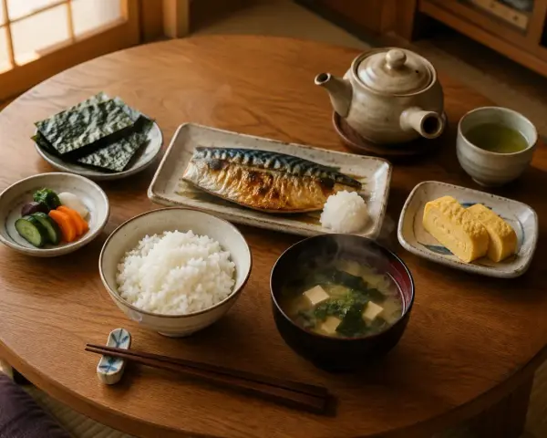 Tradycyjne japońskie potrawy: grillowana makrela, ryż, zupa miso, tamagoyaki, marynowane warzywa i nori.