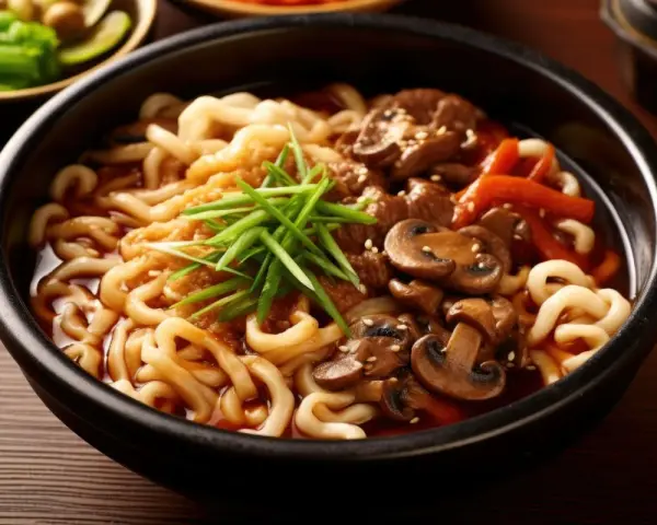 Miseczka pełna grubego makaronu udon w sosie teriyaki z kawałkami wołowiny, pieczarkami i szczypiorkiem.