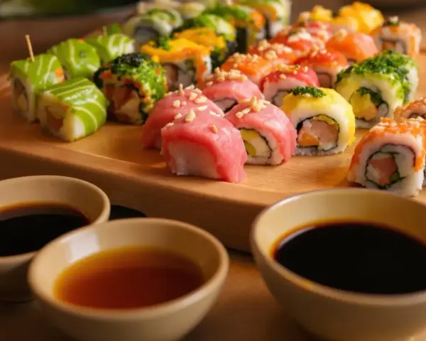 Kolorowe rolki sushi na desce, gotowe do zanurzenia w aromatycznych sosach.