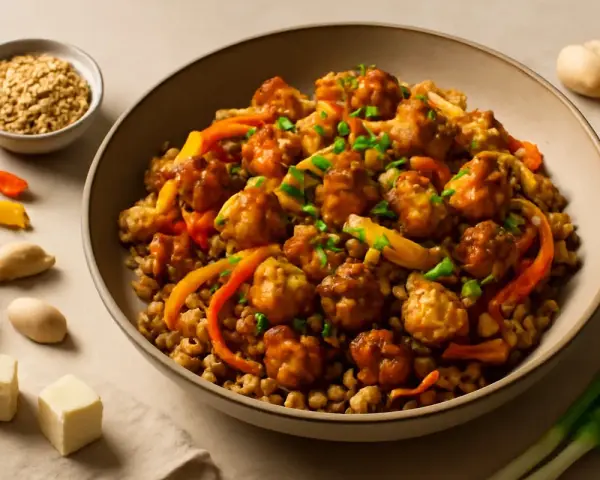 Miseczka z daniem z kuleczek w sosie, warzywami i kaszą. Czy tofu ma gluten? Nie, czyste tofu jest bezglutenowe.