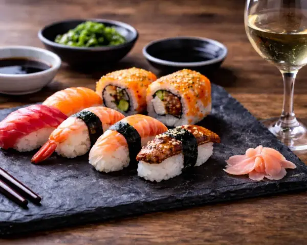 Wyśmienite japońskie picie i sushi: nigiri z łososiem, krewetką, tuńczykiem i węgorzem, rolki z ikrą, sos sojowy, wasabi i marynowany imbir.