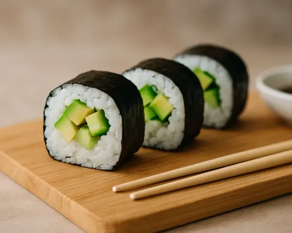 Linia świeżego sushi z awokado na drewnianej desce, obok sosu sojowego i pałeczek.