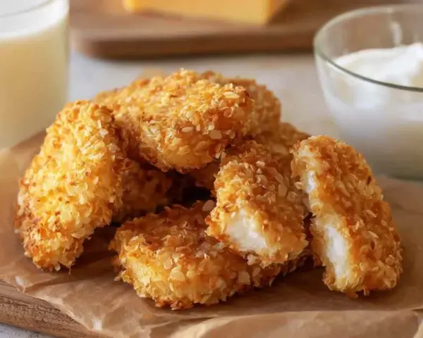 Chrupiące nuggetsy w panko z piekarnika, idealne do maczania w sosie. Obok szklanka mleka i miseczka jogurtu.