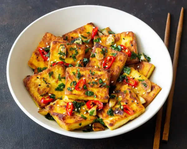 Chrupiące tofu w tempurze, posypane sezamem, chili i natką pietruszki, podane w białej misce z pałeczkami.