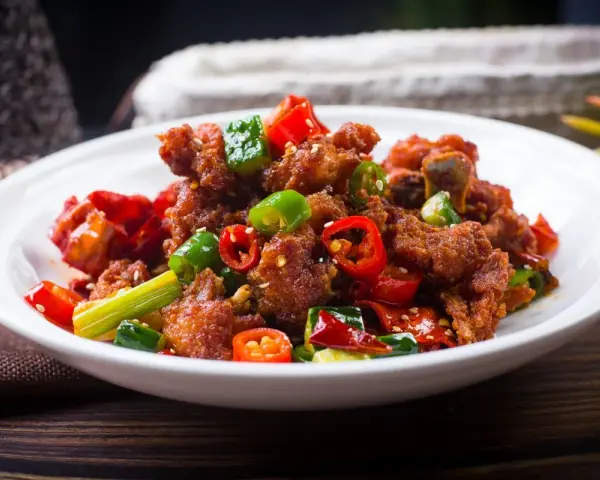 Chrupiący kurczak po kantonsku z papryczkami chili i zieloną cebulką na białym talerzu.