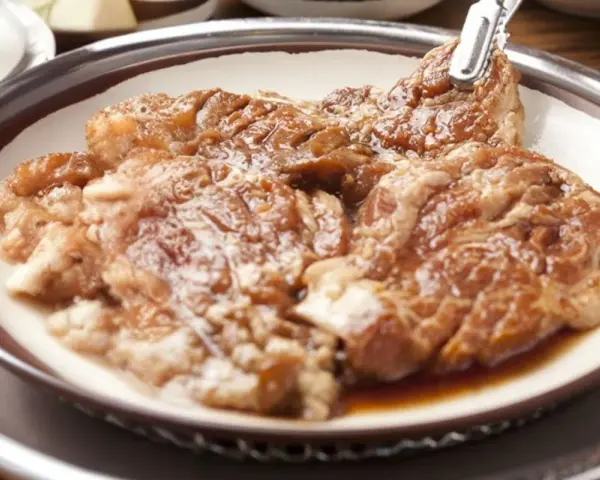 Soczysta karkówka z sosem sojowym i ketchupem, gotowa do grillowania.