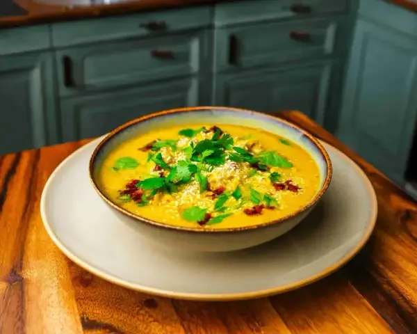 Aksamitne tom kha z kurczakiem, posypane sezamem i świeżą kolendrą, czeka na talerzu.