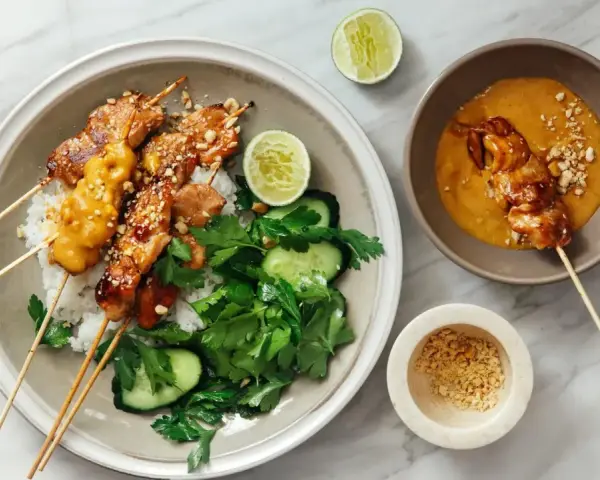 Pyszny kurczak satay na ryżu z orzeszkami ziemnymi, ogórkiem i limonką. Obok miseczka z sosem orzechowym.