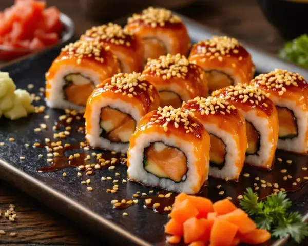 Futomaki z pieczonym łososiem, polane sosem teriyaki i posypane sezamem, prezentują się apetycznie na czarnej desce.