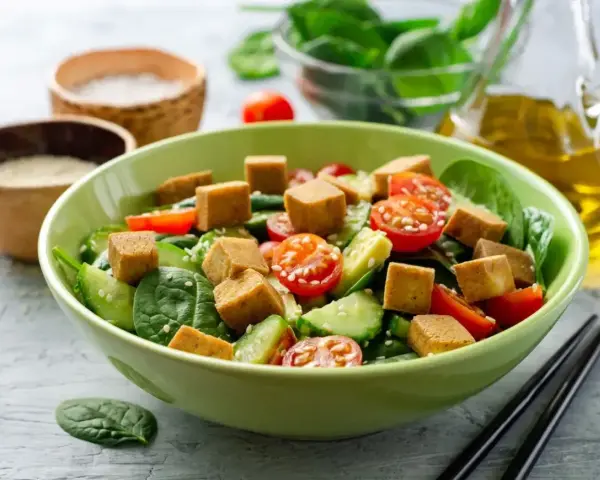 Sałatka ze szpinakiem, pomidorkami, ogórkiem i kostkami **butter tofu**, posypana sezamem.