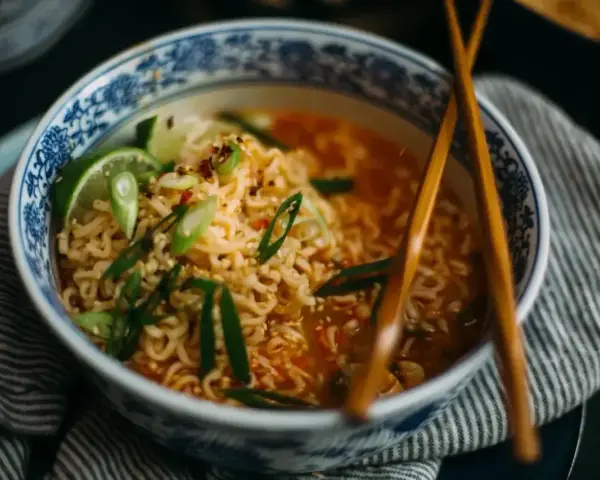 Aksamitny makaron lau thai w misce z niebieskimi zdobieniami, udekorowany szczypiorkiem, chili i limonką.