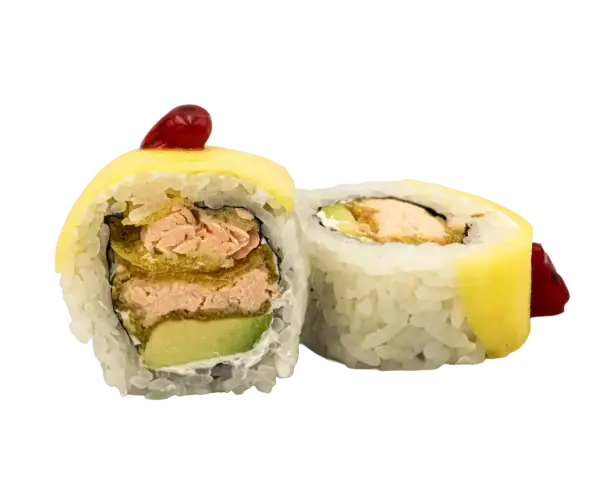 Dwa kawałki sushi z łososiem, awokado i żółtym serem, ozdobione czerwoną kropką. Jeden kawałek sushi mango jest przekrojony, ukazując wnętrze.