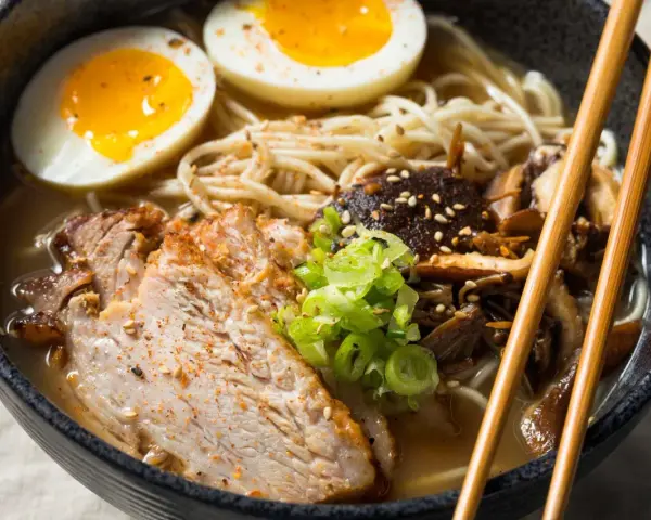 Miseczka aromatycznego ramenu z plastrami mięsa, jajkiem na pół i grzybami. Idealny ramen na szybko, by zaspokoić głód.