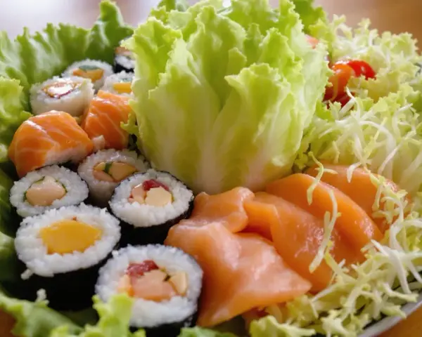 Talerz sushi z łososiem i warzywami. Jaka sałata do sushi? Ta chrupiąca, zielona sałata lodowa stanowi idealną bazę.