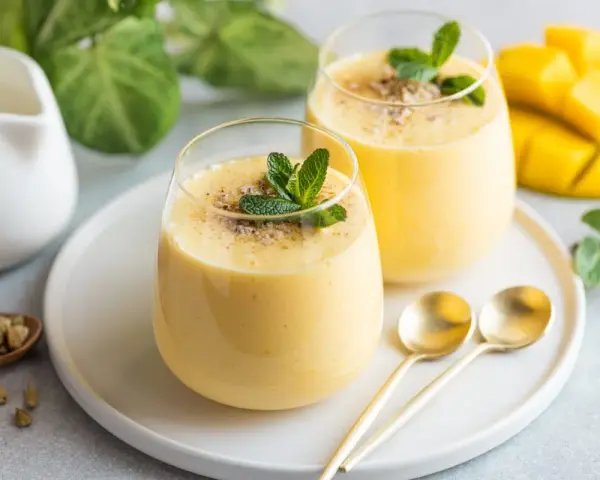 Dwa pyszne mango lassi z pulpy, udekorowane miętą i kardamonem, obok świeżego mango.