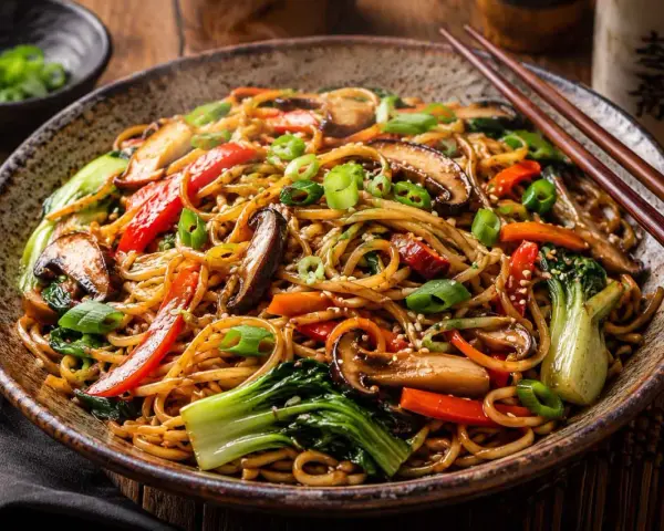 Makarony azjatyckie rodzaje: pyszne danie z makaronem, grzybami shiitake, papryką, bok choy i szczypiorkiem, posypane sezamem.