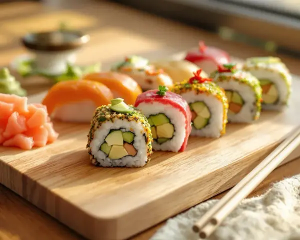 Kolorowe rolki sushi z awokado i łososiem, podane z imbirem i wasabi. Idealne nadzienie do sushi na drewnianej desce.